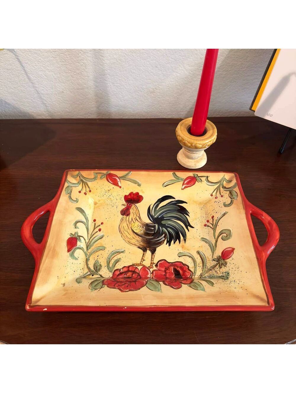 Honey Poppy Rooster 13.5" Ceramic Serving Tray 2handles Rectangular Platter